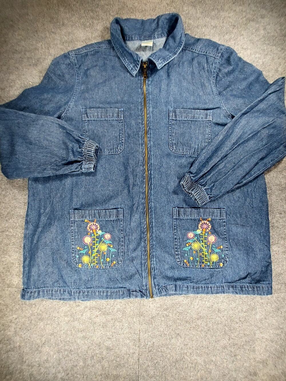 Blair Embroidered Flower Jean Jacket Large L Zip Cottagecore Grandma Coastal